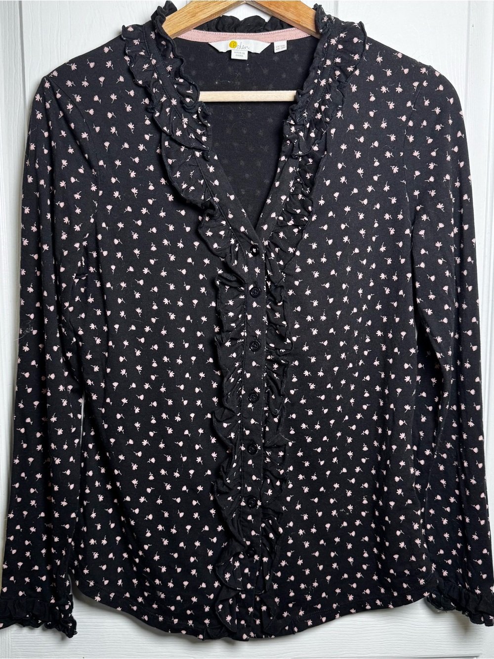 Boden Black Pink Ditsy Floral Ruffle Button Top US Size 8 Cottagecore